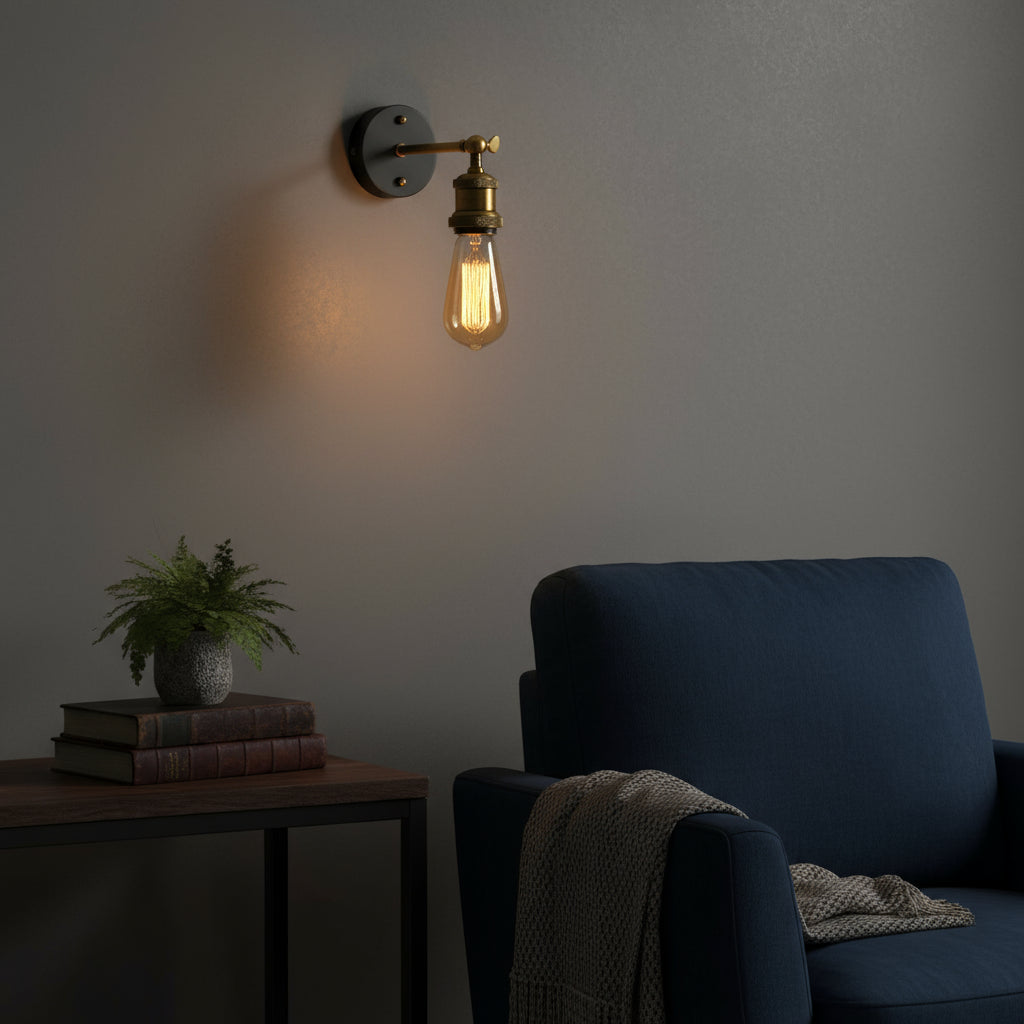 Antique Brass Wall Light | Adjustable Exposed Bulb Sconce with Black Round Wall Plate