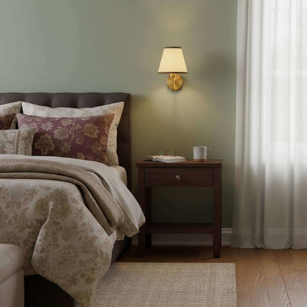 Brass Wall Light | Conical Fabric Shade Sconce with Curved Brass Arm