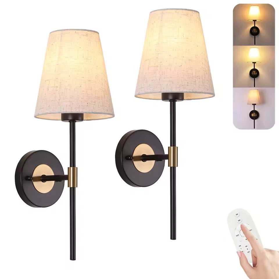 Rechargeable Wall Light | Vintage Black and Gold Sconce with Fabric Shade