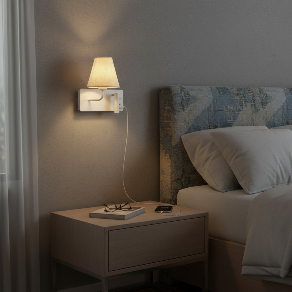 Contemporary Wall Light | Fabric Shade and Adjustable LED Reading Spotlight with USB