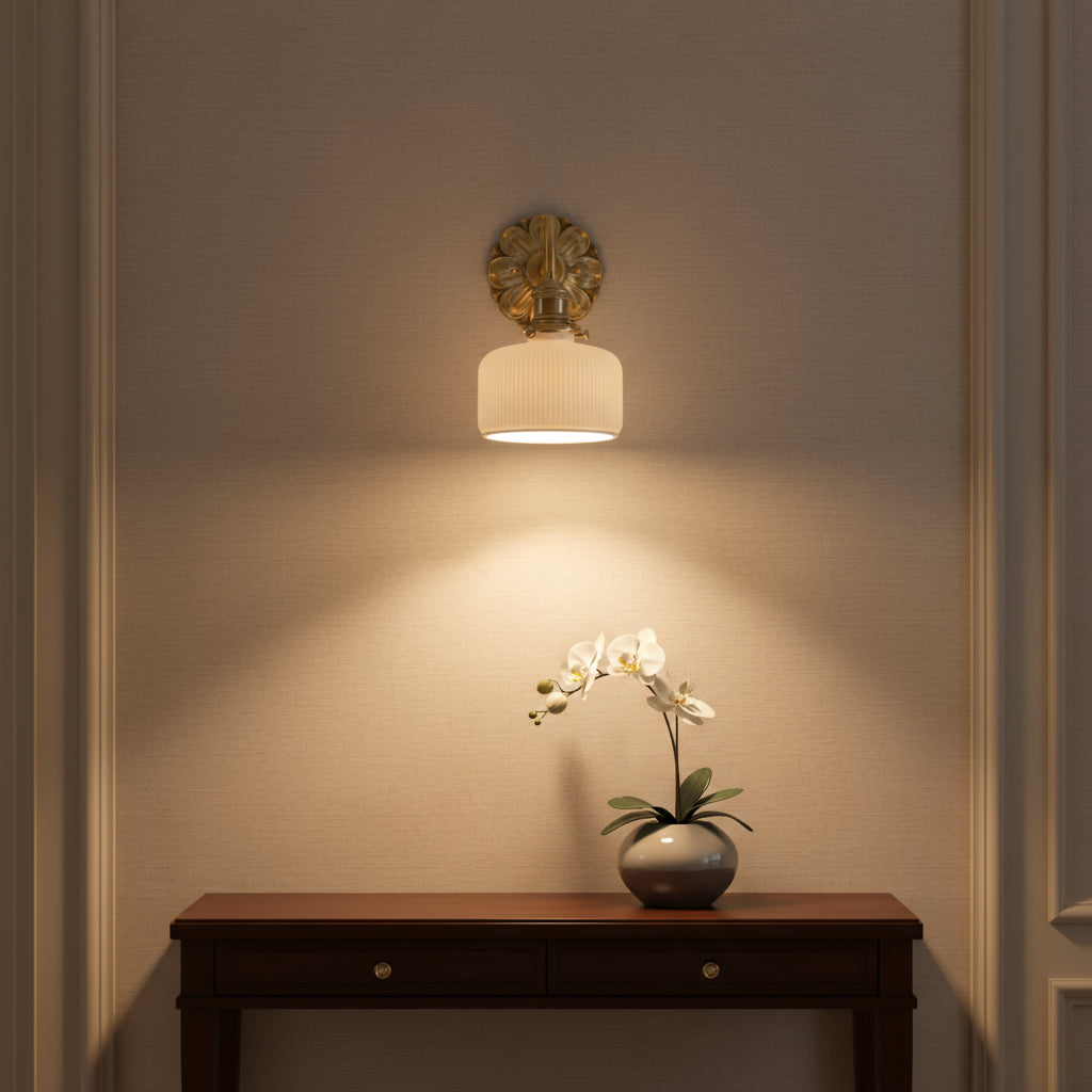 Antique Brass Wall Light | Carved Copper Base with Ribbed Ceramic Shade