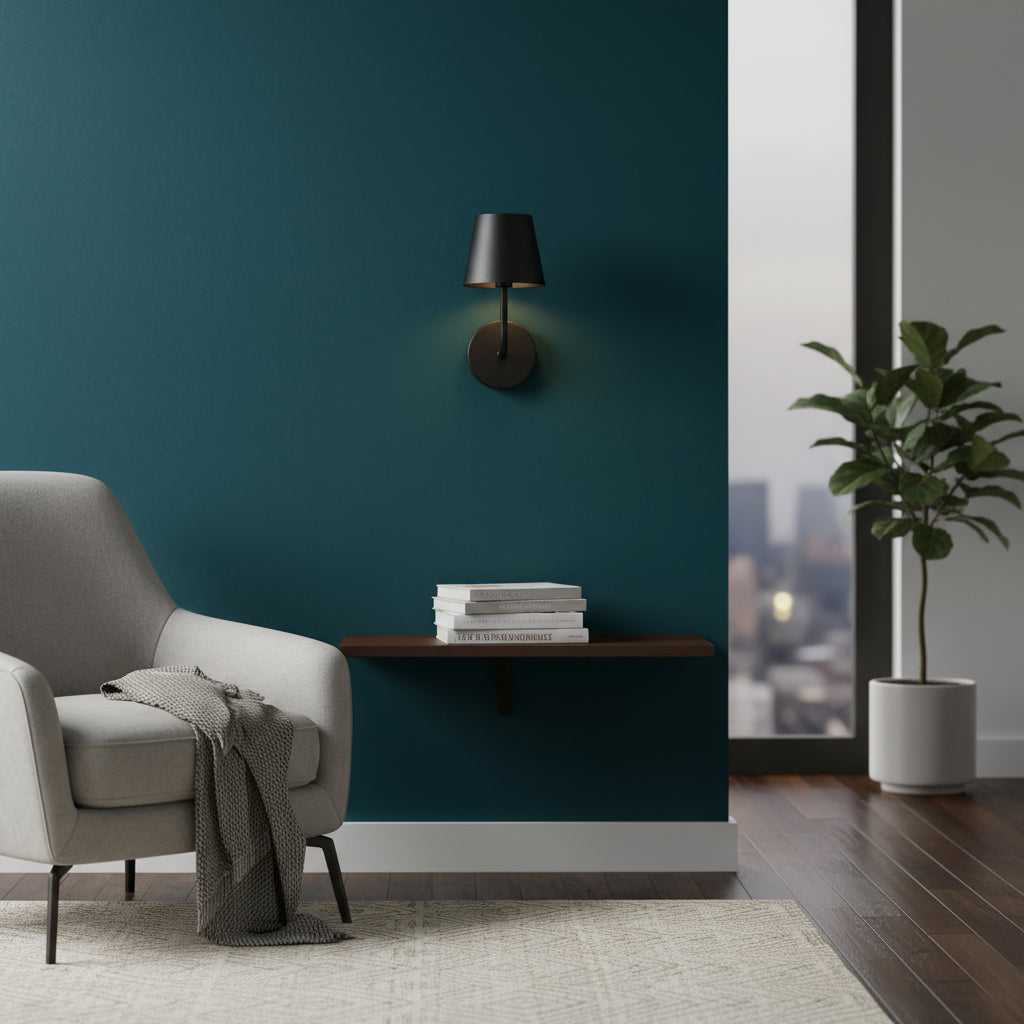 Rechargeable Wall Light | Matte Black Metal Sconce with Long Rod and Tapered Fabric Shade