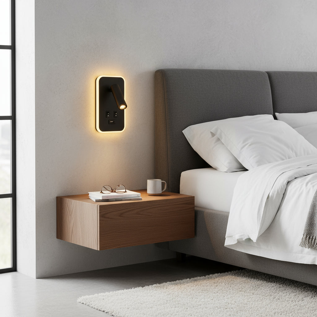 LED Wall Light | Black Reading Sconce with USB & Adjustable Spotlight