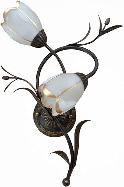 Antique Brass Wall Light | Two Flower-Shaped Glass Shades on Curved Branch Frame