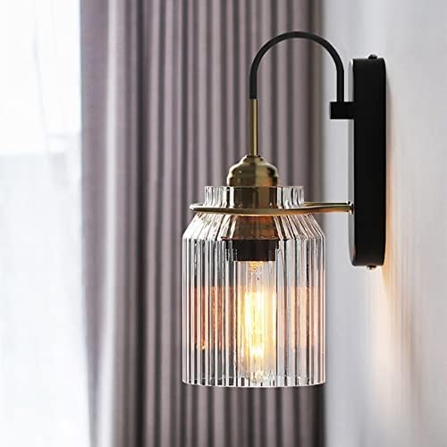 Antique Brass Wall Light | Industrial Ribbed Glass Sconce with Black Backplate