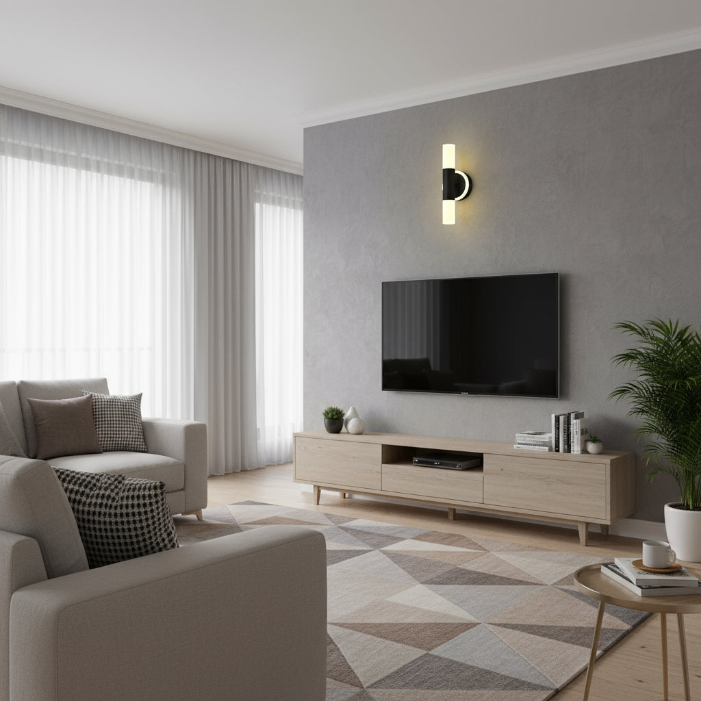 Art Deco Wall Light | Brass Cylinder LED Sconce with Double Frosted Shades