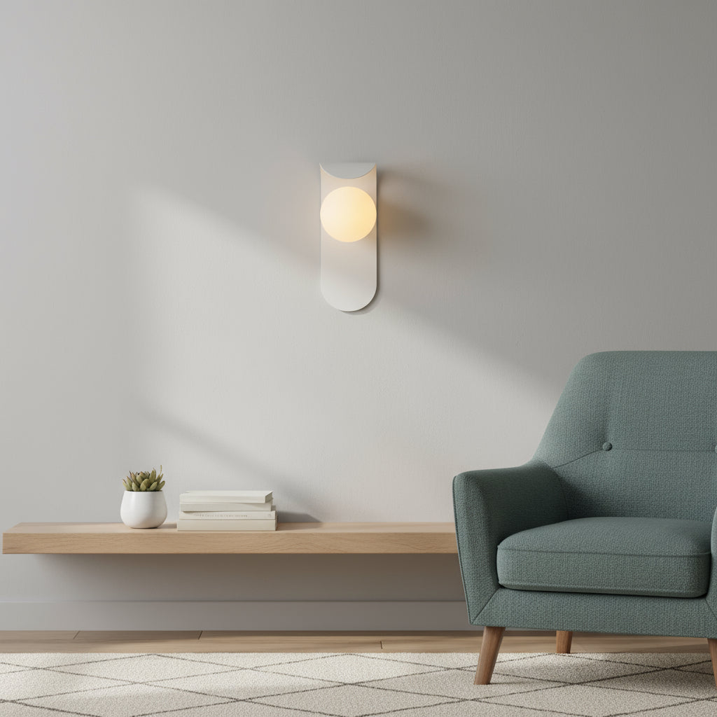 Modern Wall Light | Curved Metal Backplate with Frosted Glass Globe Shade