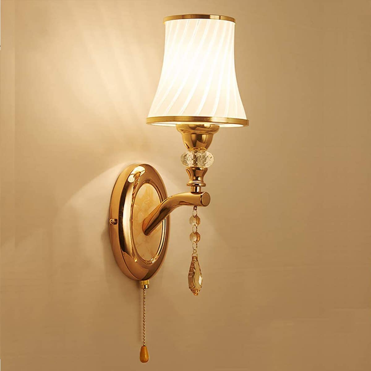 Art Deco Wall Light | Classic Wall Lamp with White Pleated Fabric Shade and Crystal Pendant