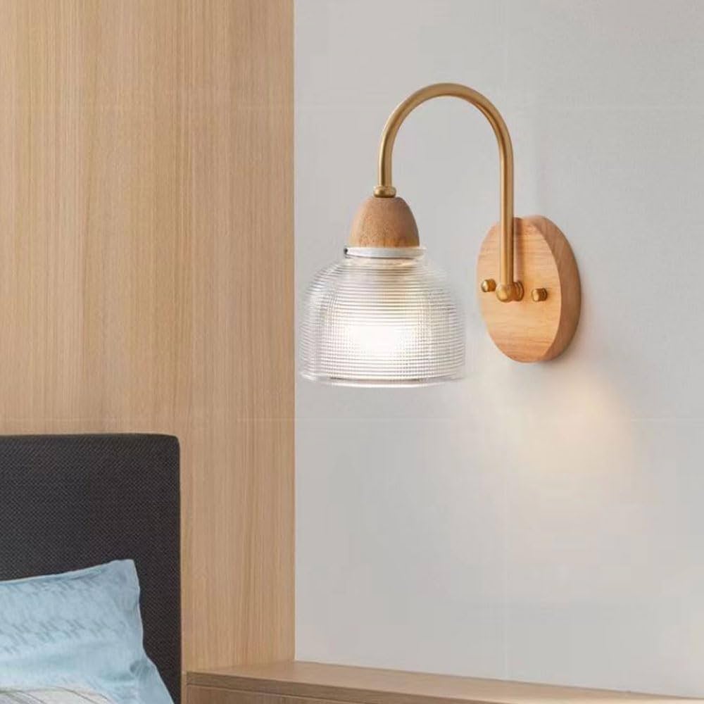 Modern Wall Light | Curved Arm Sconce with Ribbed Glass Shade and Wood Backplate