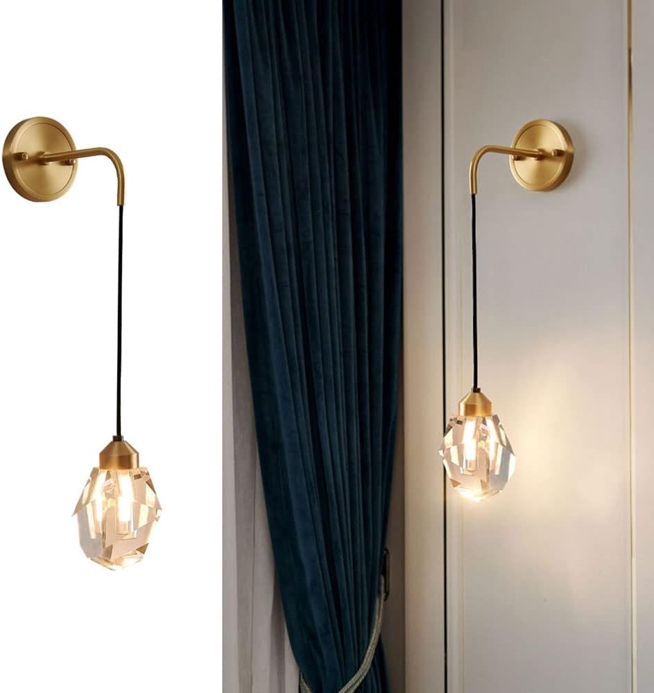 Antique Brass Wall Light | Hanging Faceted Crystal Shade with Brass Base