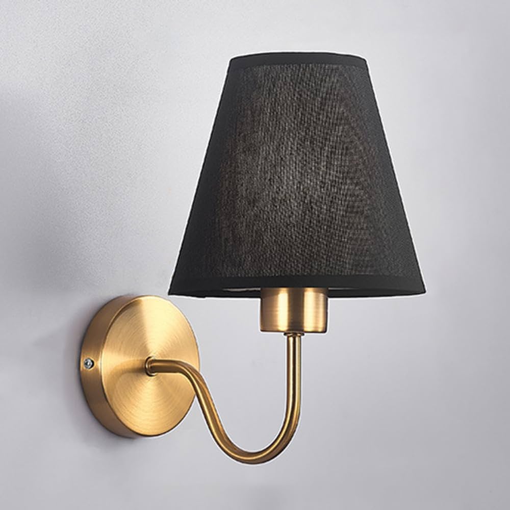 Brass Wall Light | Conical Fabric Shade Sconce with Curved Brass Arm