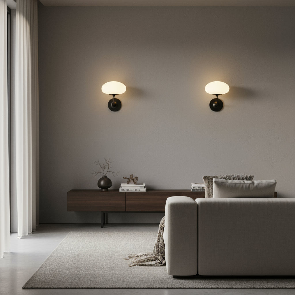 Contemporary Wall Light | Black Curved Arm Sconce with Frosted Dome Glass Shade