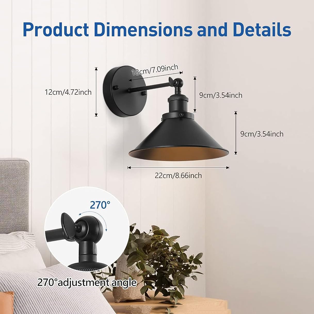 Industrial Wall Light | Conical Metal LED Sconce with Adjustable Shade