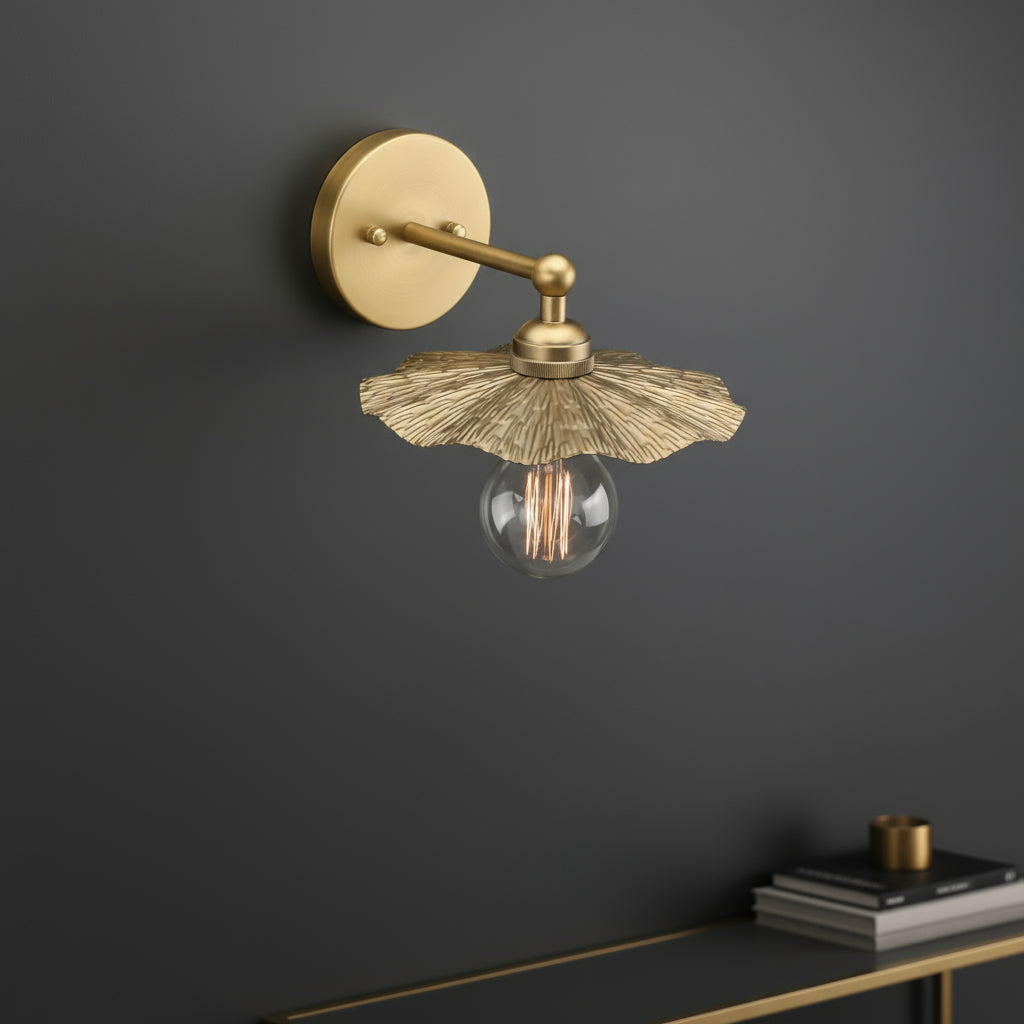 Antique Brass Wall Light | Handcrafted Leaf-Shaped Shade with Exposed Edison Bulb