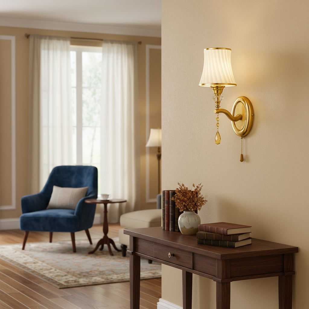 Art Deco Wall Light | Classic Wall Lamp with White Pleated Fabric Shade and Crystal Pendant