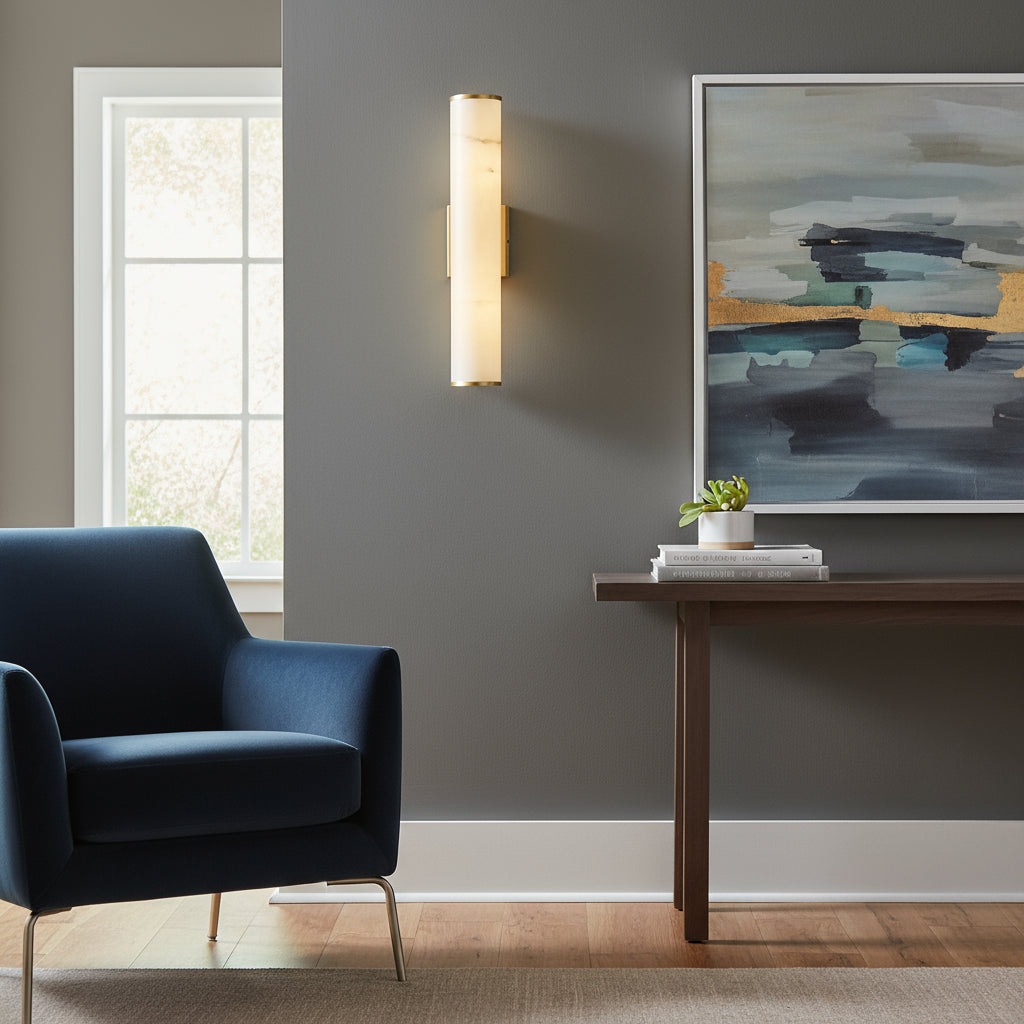 Art Deco Wall Light | Slim Cylindrical Natural Stone Sconce with Brass Finish