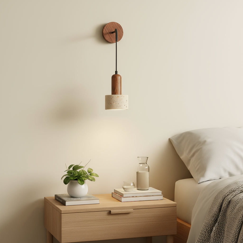 Contemporary Wall Light | Wabi-Sabi Natural Stone and Walnut Wood LED Sconce
