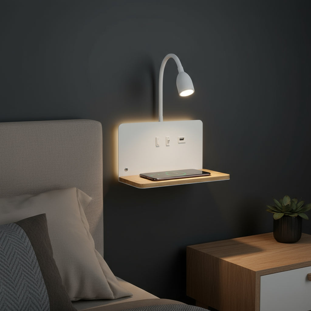 LED Wall Light | Bedside Sconce with USB & Wireless Charging Shelf