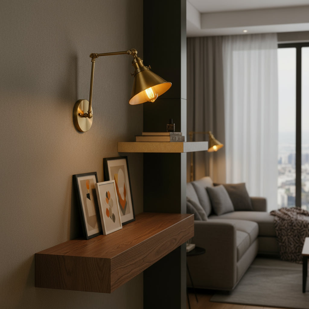 Brass Wall Light | Adjustable Vintage Cone Shade with Articulated Arm