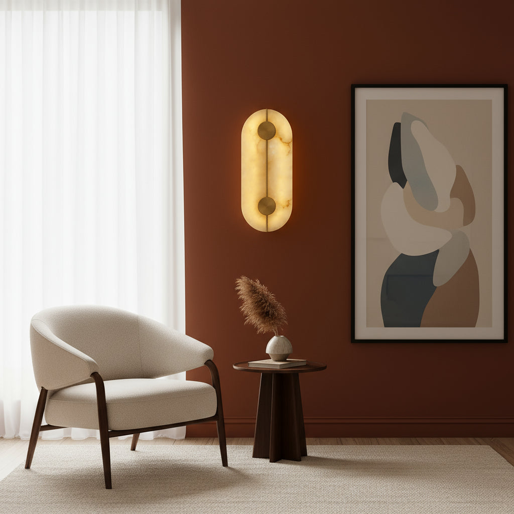 Art Deco Wall Light | Natural Marble Sconce with Antique Brass Finish and Warm LED Glow