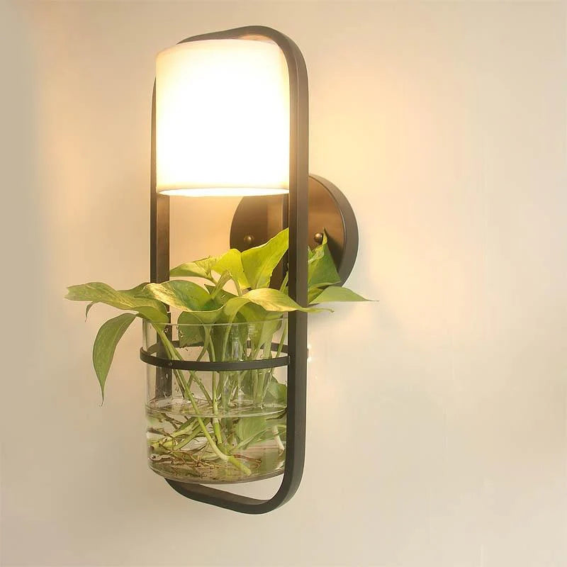 Contemporary Wall Light | Black Metal Frame with Fabric Shade and Integrated Glass Plant Holder