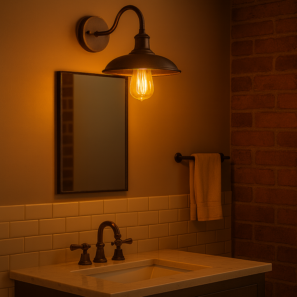 Industrial Wall Light | Bronze Vintage Sconce with Curved Arm and Metal Shade