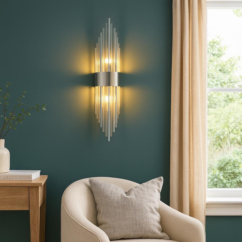 LED Wall Light | Vertical Gold Stainless Steel Sconce with Crystal Rods