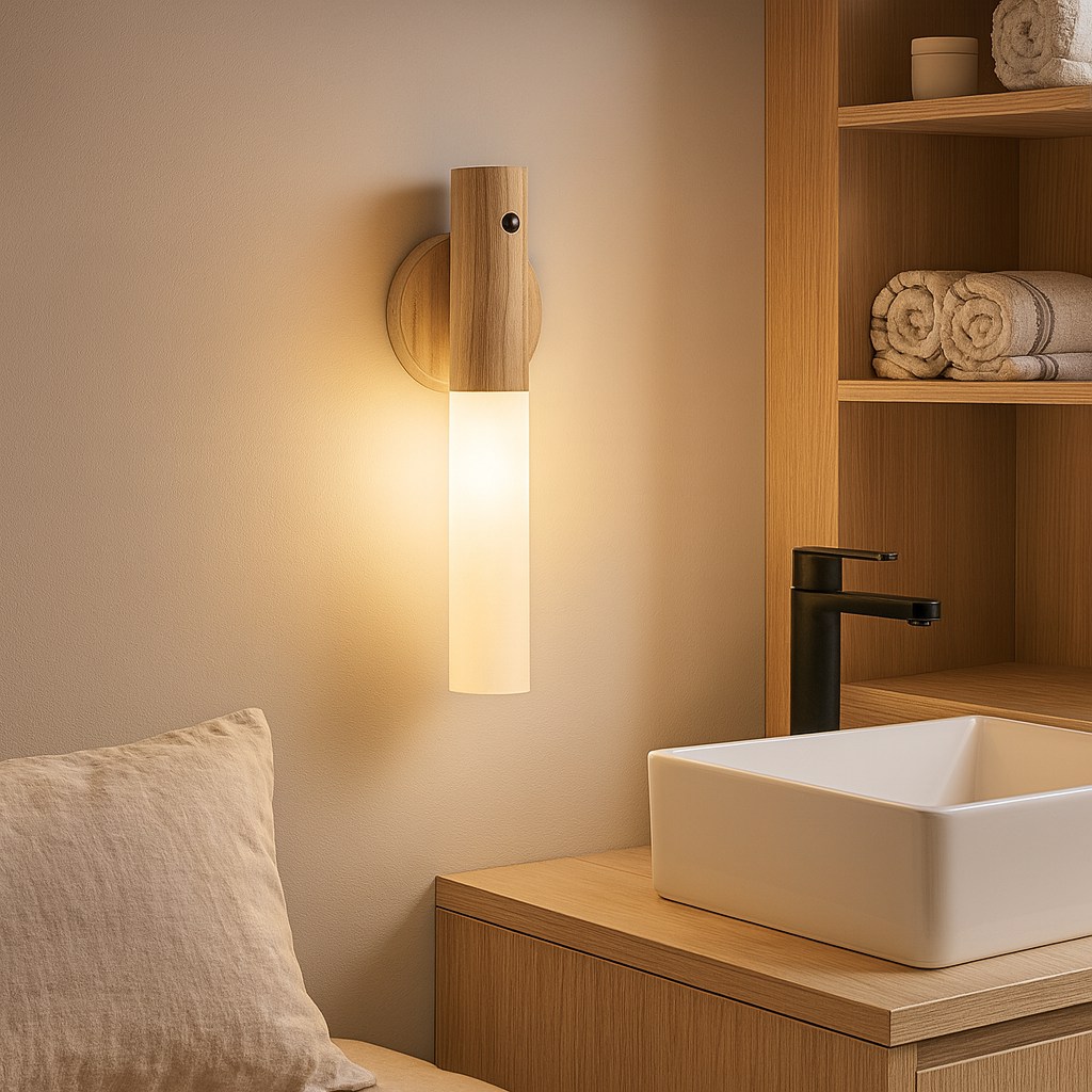 Stick-on Wall Light | Motion Sensor Wood Sconce with Frosted Glass Tube