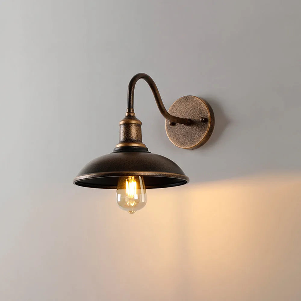 Industrial Wall Light | Bronze Vintage Sconce with Curved Arm and Metal Shade