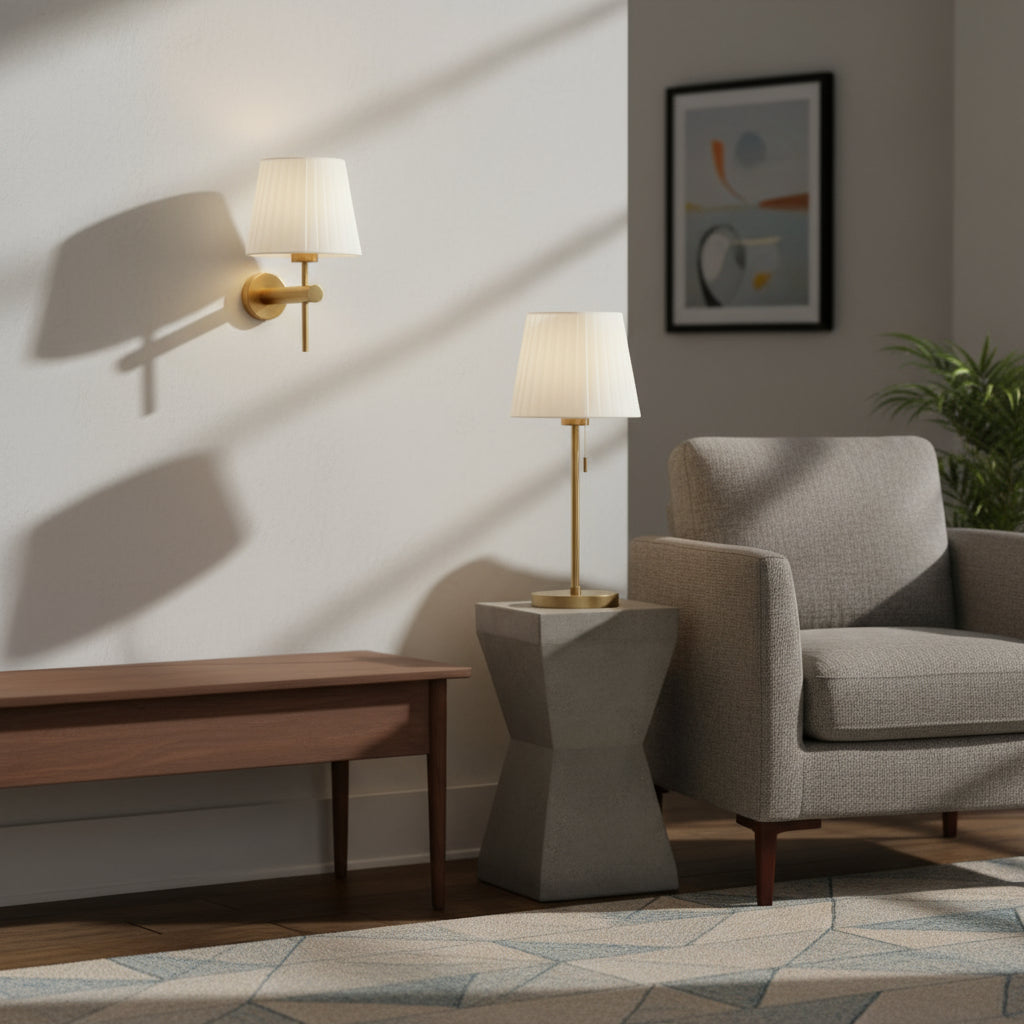 Rechargeable Wall Light | Arched Brass Sconce with Pleated Fabric Shade