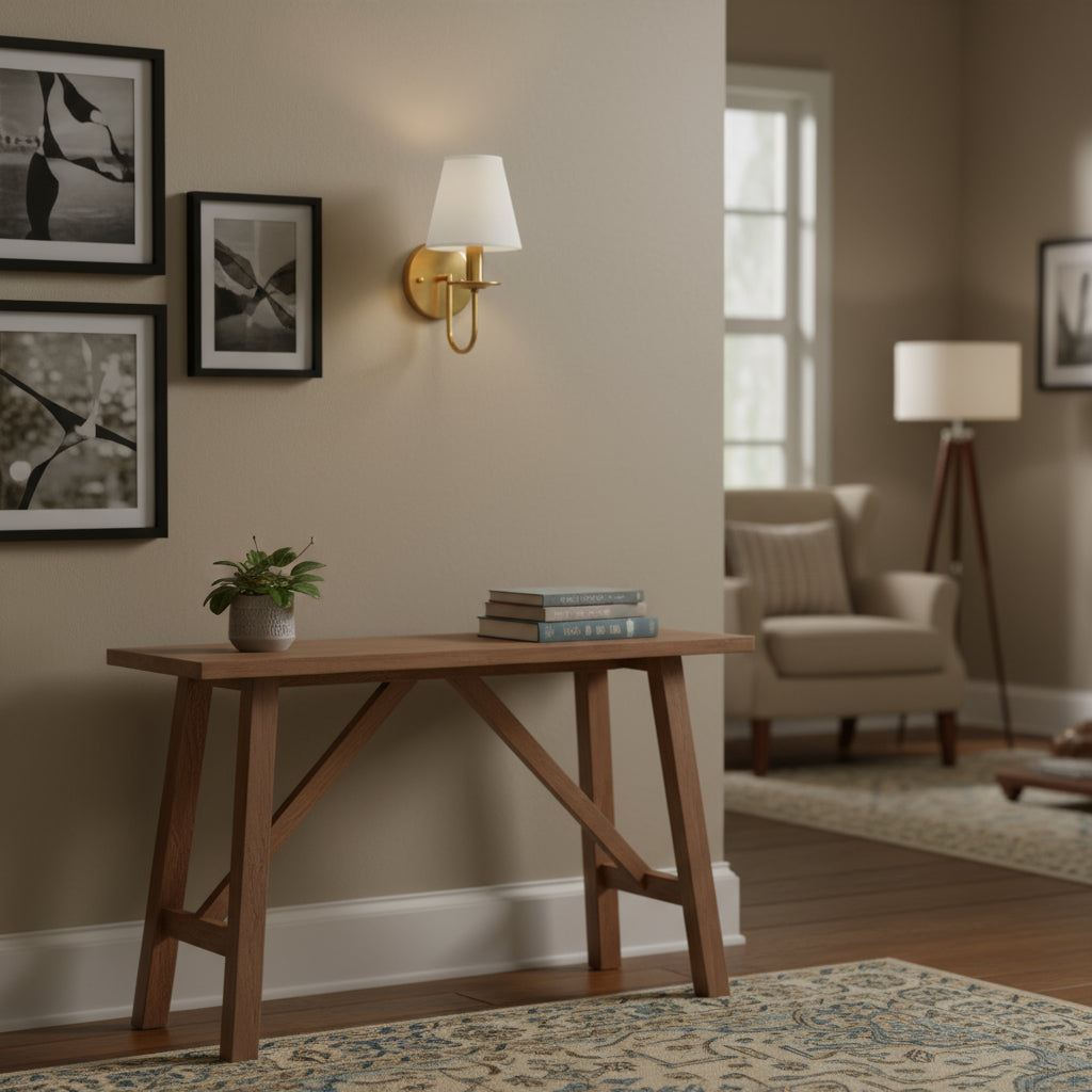 Antique Brass Wall Light | Curved Arm Sconce with White Tapered Fabric Shade