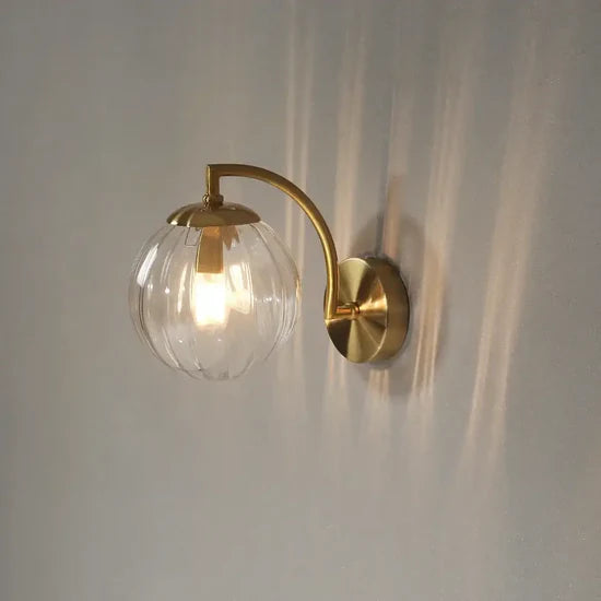 Brass Wall Light | Gold Metal Arm with Clear Ribbed Glass Globe Shade