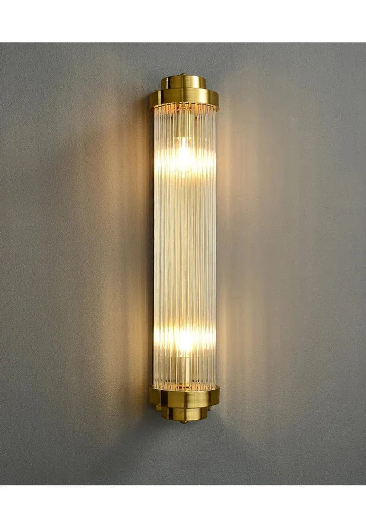 Art Deco Wall Light | Vertical Ribbed Crystal Tube Sconce with Double Bulbs