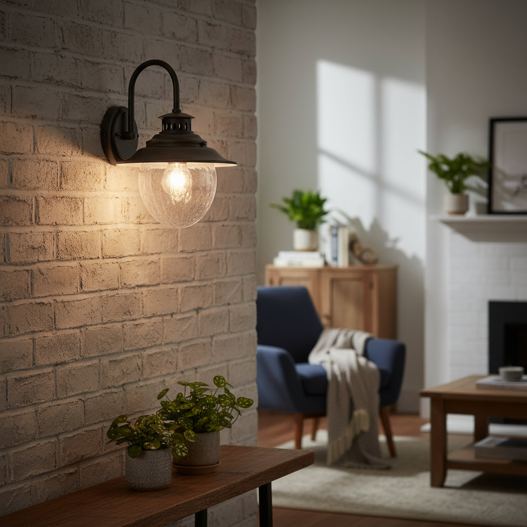 Antique Brass Outdoor Wall Light | Industrial Lantern-Style Sconce with Curved Arm and Hammered Glass Shade