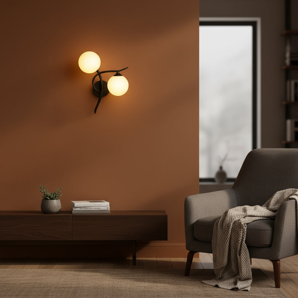 Brass Wall Light | Double Globe Modern Curved Design with Frosted Glass Spheres