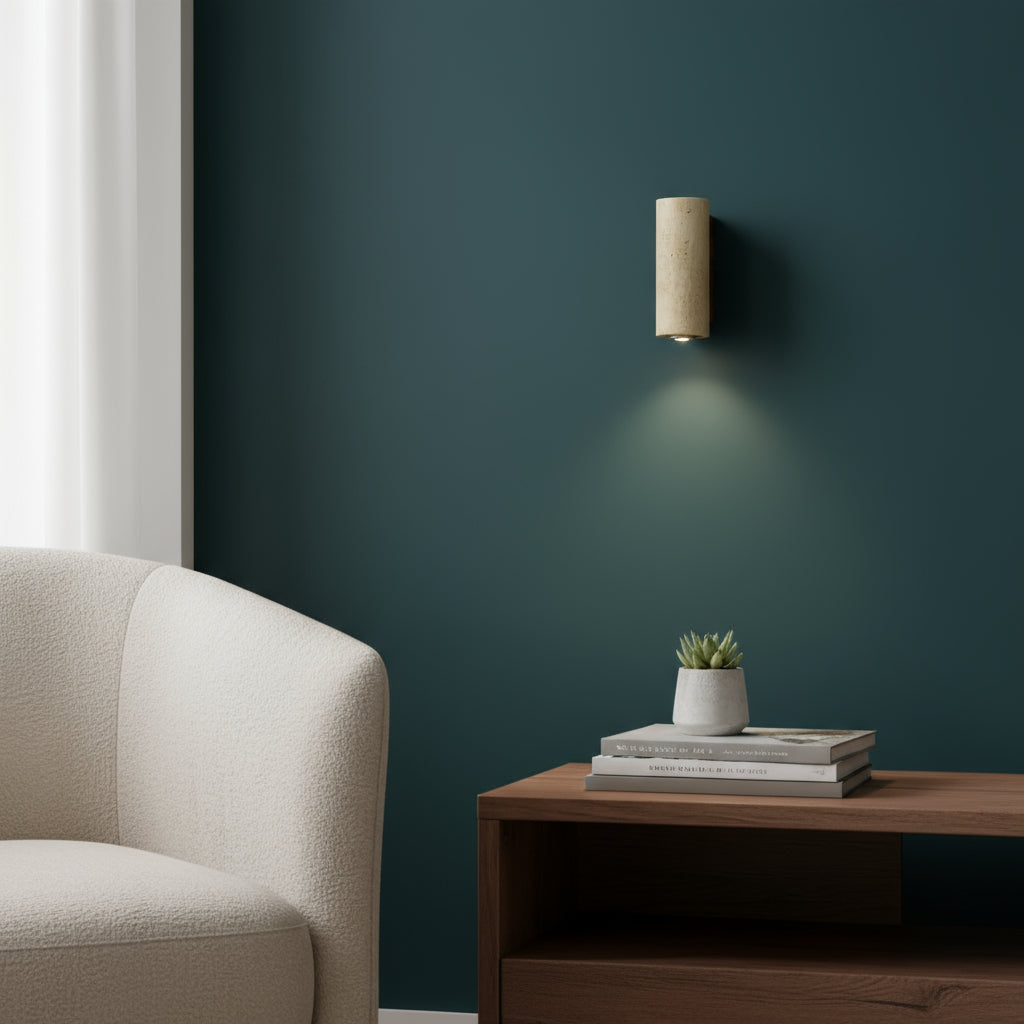 Contemporary Wall Light | Travertine Cylinder or Square Shade with Solid Wood Base