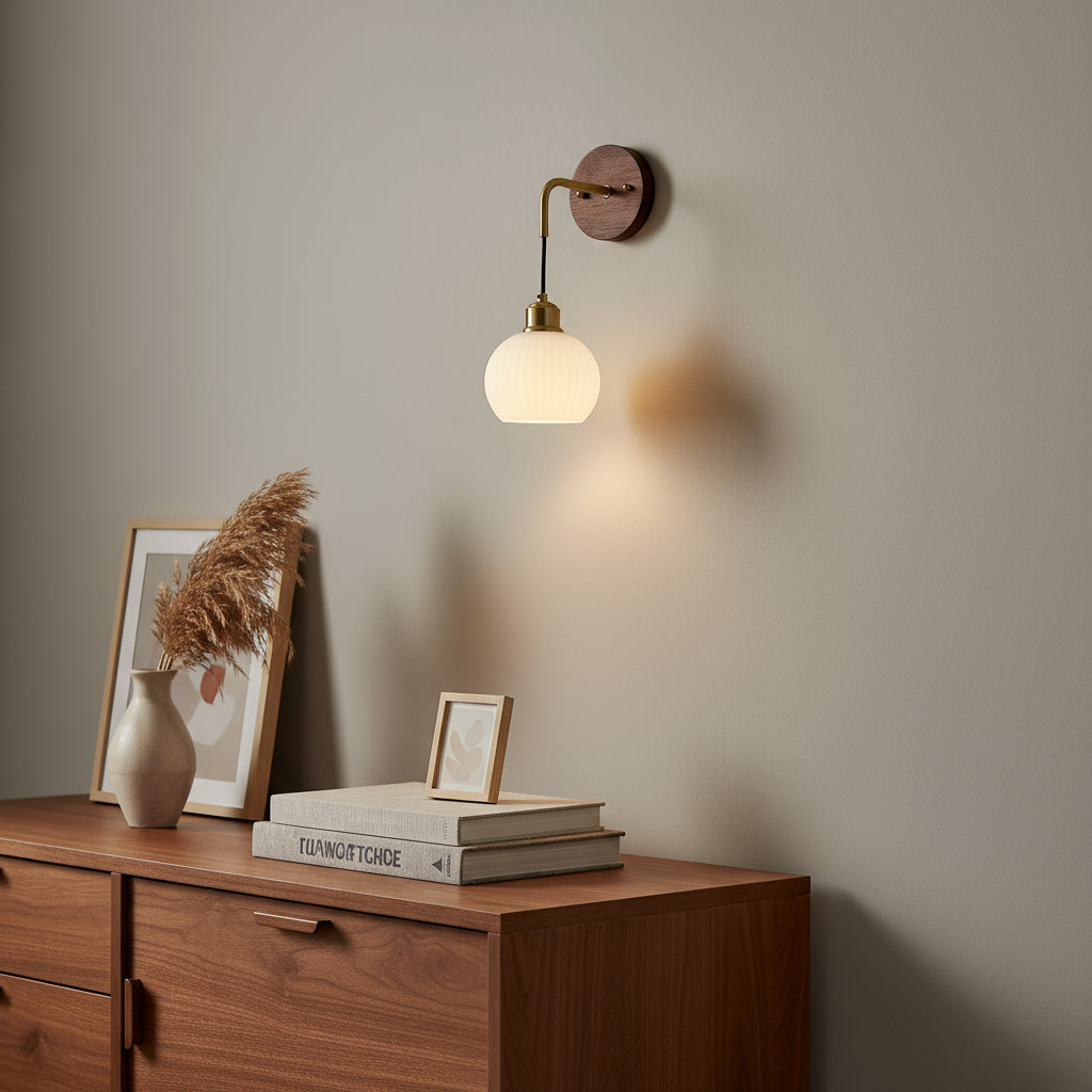 Art Deco Wall Light | Walnut Wood and Frosted Glass Globe Sconce with Brass Arm