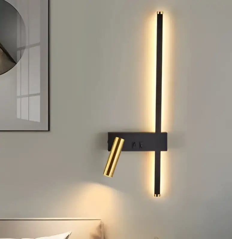 LED Wall Light | Vertical Matte Black & Gold Sconce with Adjustable Spotlight
