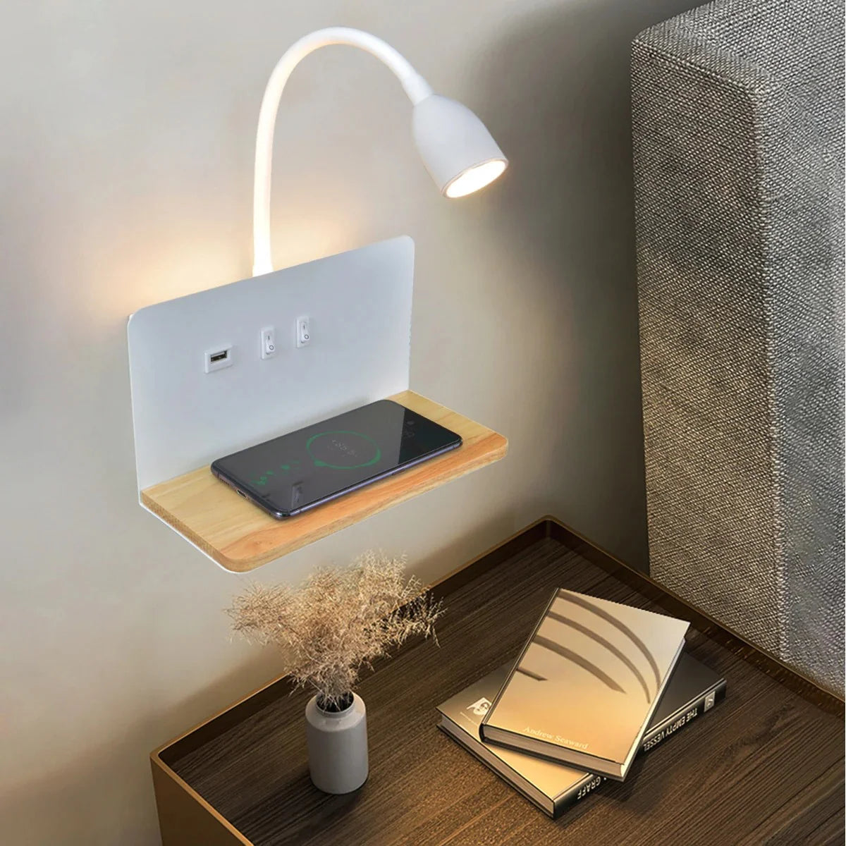 LED Wall Light | Bedside Sconce with USB & Wireless Charging Shelf