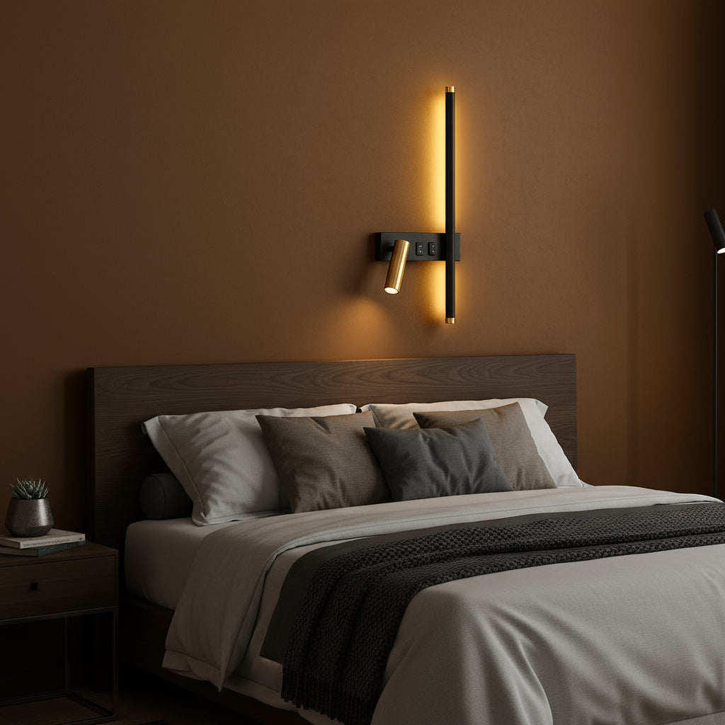 LED Wall Light | Vertical Matte Black & Gold Sconce with Adjustable Spotlight