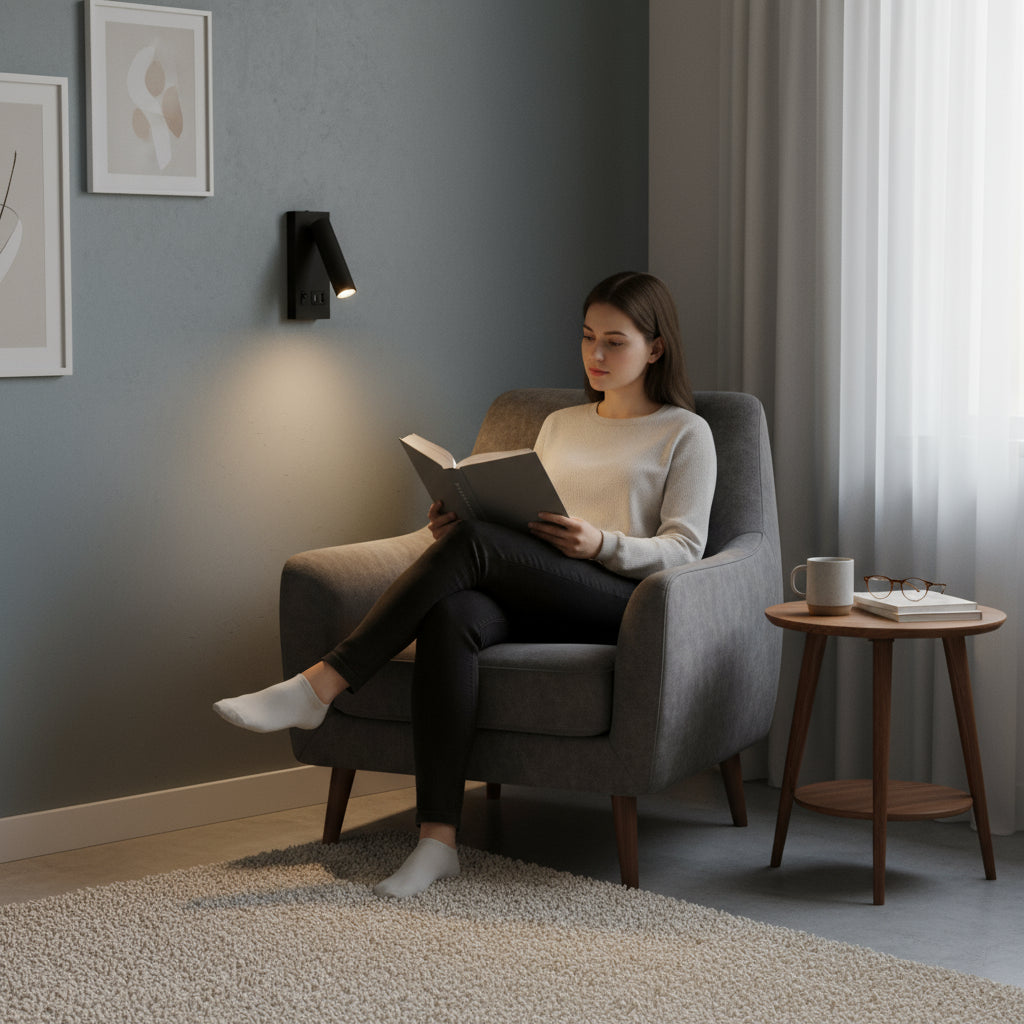 Stick-On Wall Light | Adjustable LED Reading Sconce with USB & Type-C Charging Ports in Black or White