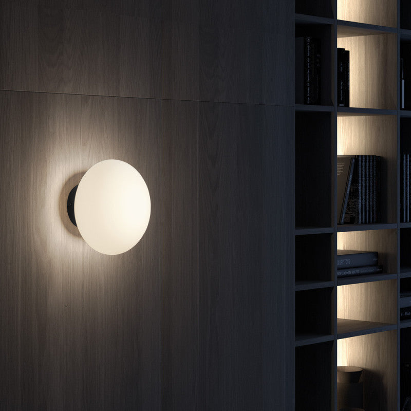 Modern Wall Light | Minimalist Round Globe Sconce with Frosted Glass Shade and Black, White or Chrome Base