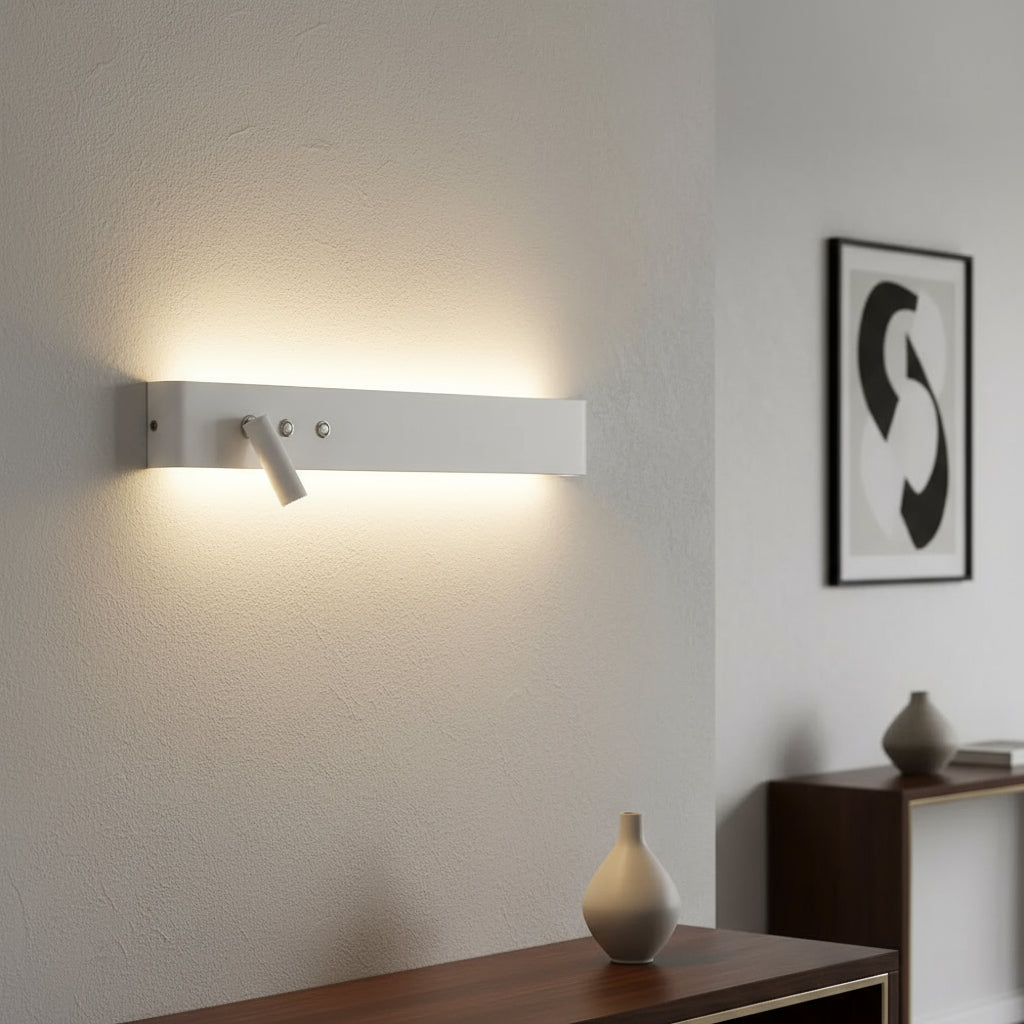 Stick-On Wall Light | Slim Aluminum LED Sconce with Integrated Switch and Adjustable Spotlight in Black or White