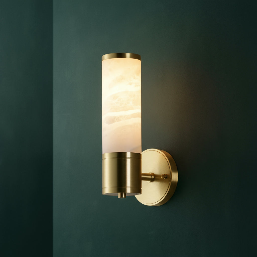 Brass Wall Light | Vertical Cylinder Sconce in Brass & Marble