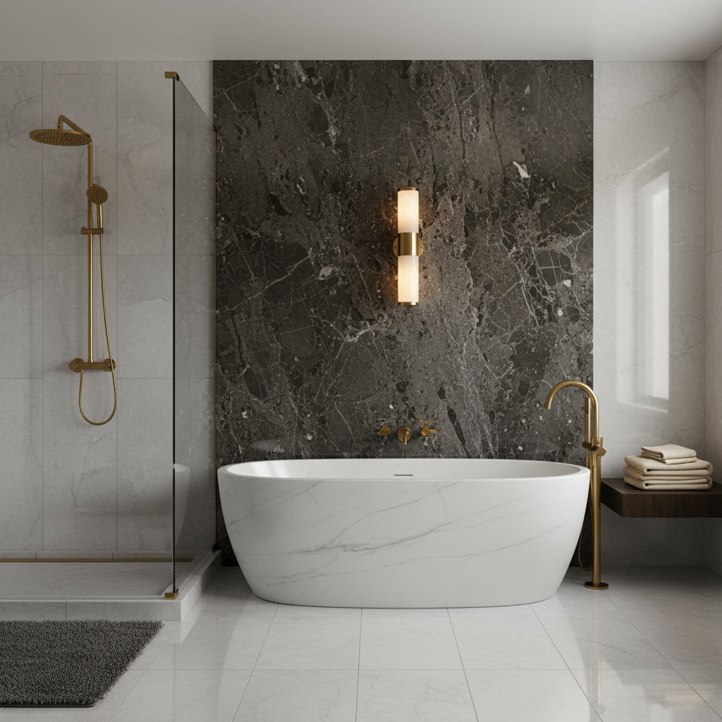 Brass Wall Light | Vertical Cylinder Sconce in Brass & Marble