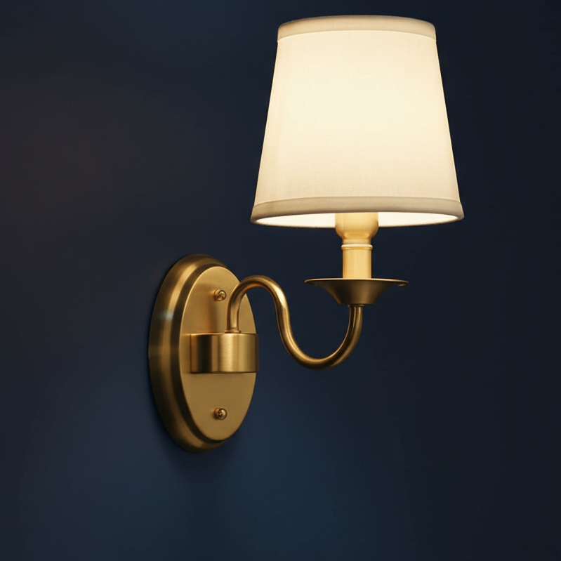 Antique Brass Wall Light | Copper and Iron Sconce with Beige Fabric Shade