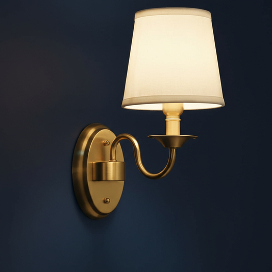 Antique Brass Wall Light | Copper and Iron Sconce with Beige Fabric Shade