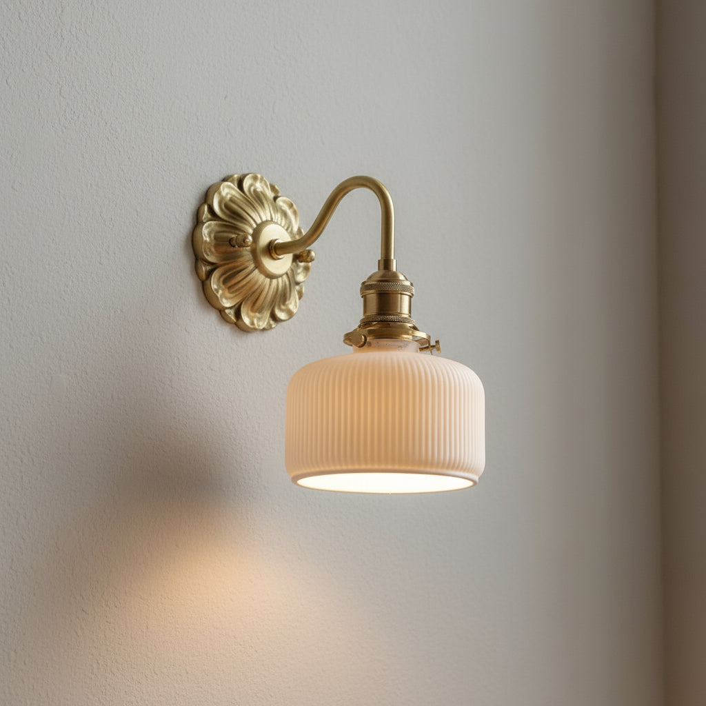 Antique Brass Wall Light | Carved Copper Base with Ribbed Ceramic Shade
