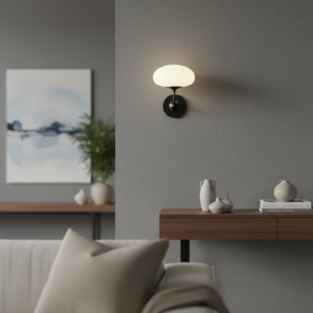 Contemporary Wall Light | Black Curved Arm Sconce with Frosted Dome Glass Shade