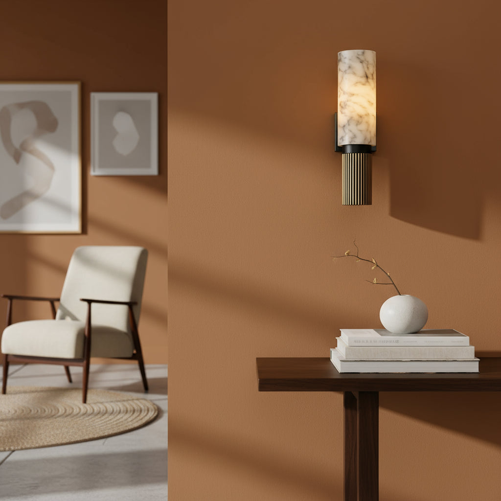 Art Deco Wall Light | Cylindrical Natural Marble Shade with Antique Brass-Finish Ribbed Base